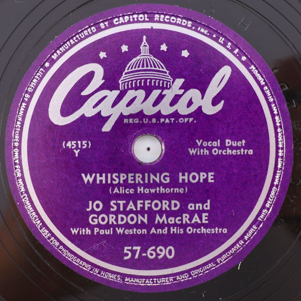 Jo Stafford, Gordon MacRae - Whispering Hope 1949 Polka 10" 78 rpm Record 57-690